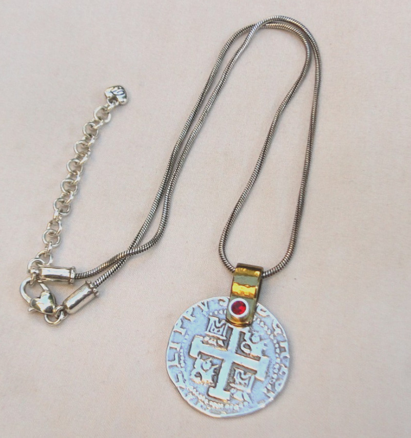 Brighton Doubloon Roman Coin Silver, gold & Red Crystal Pendant Necklace