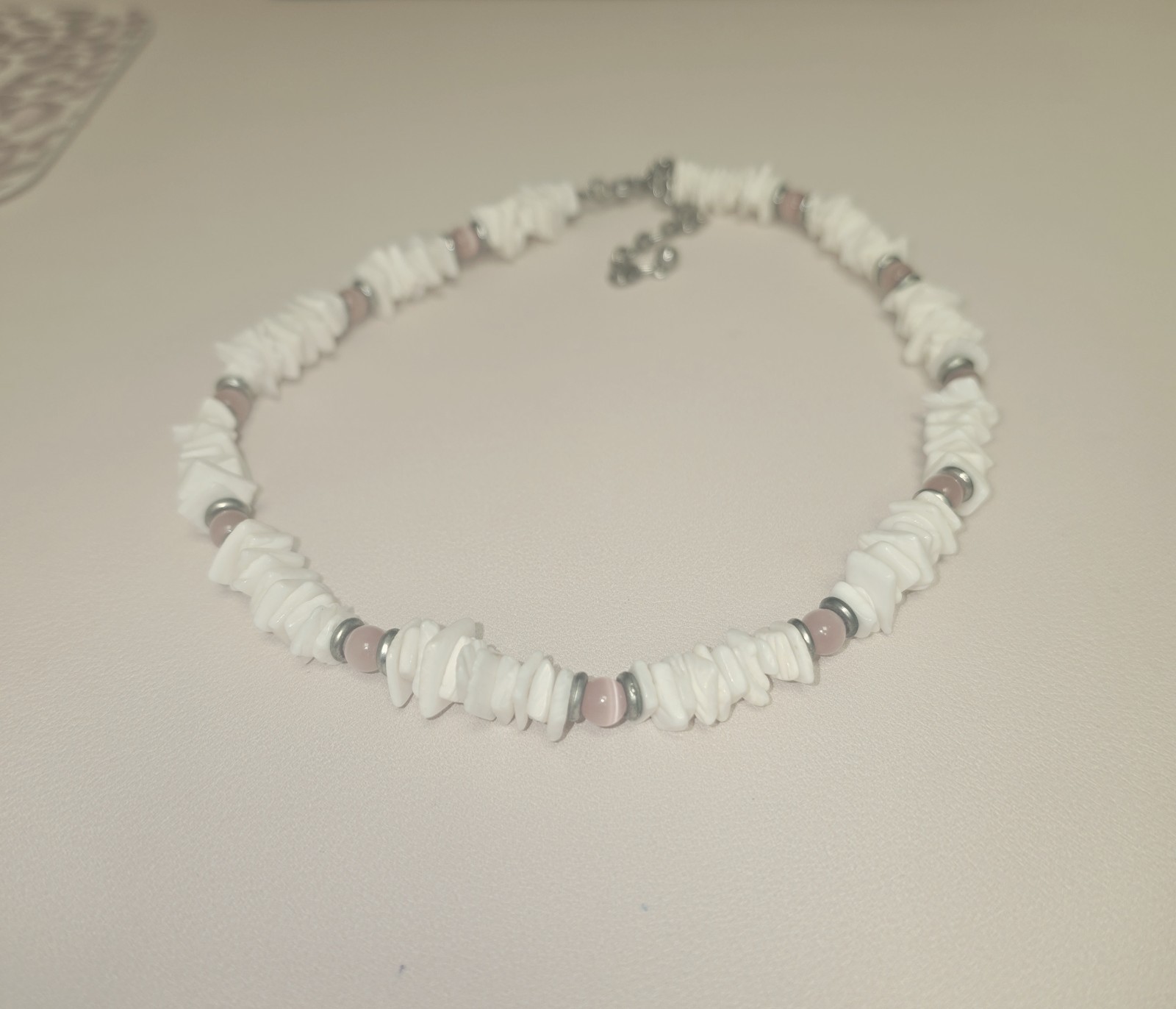 Puka Shell Chip Necklace with Pink Stones