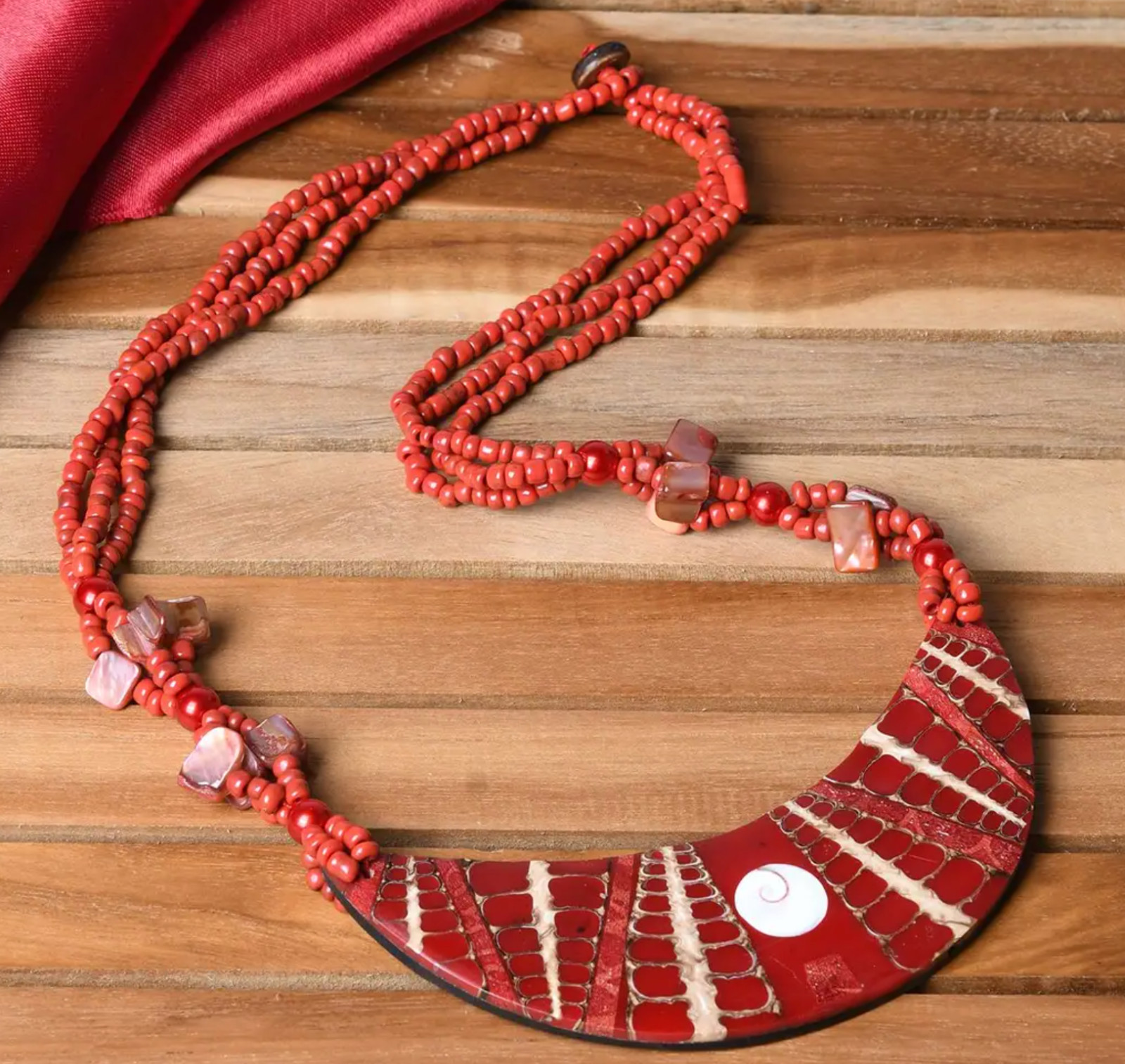 Red Beaded Moon Shell Multi Strand Necklace 22 Inches