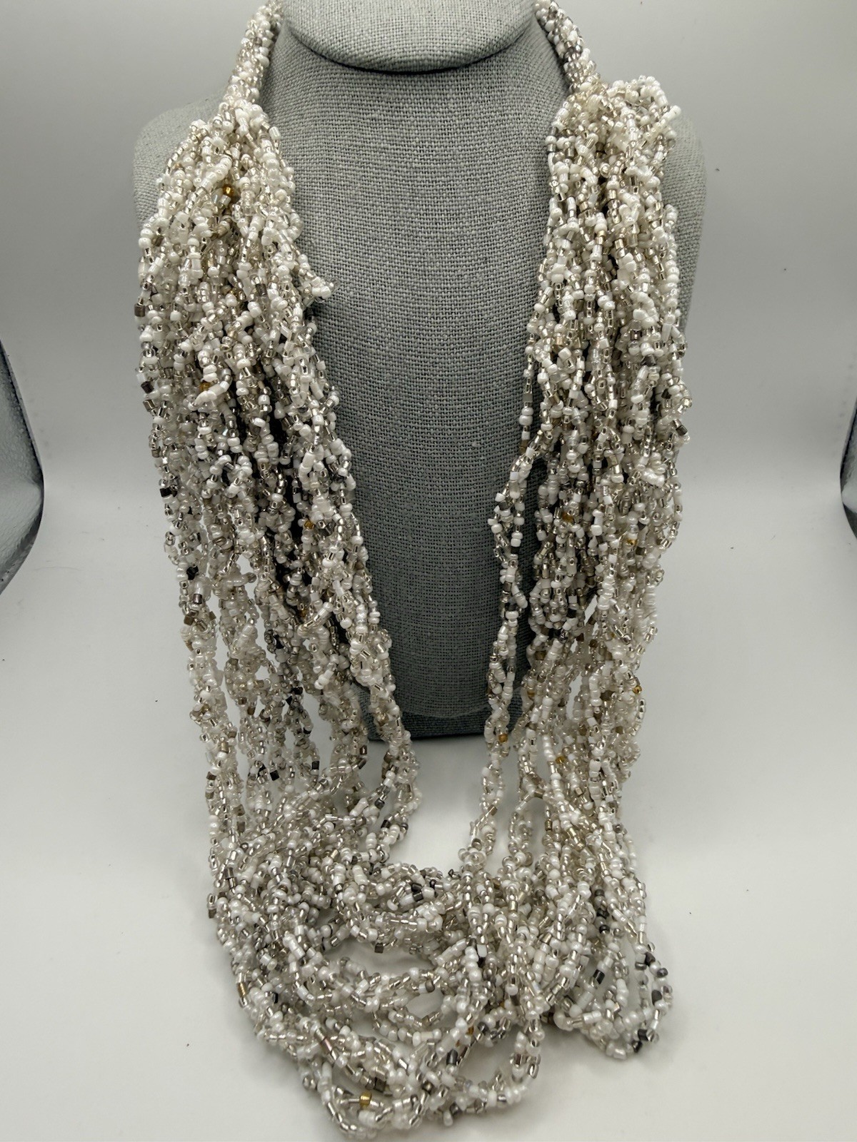 Seed Bead Necklace White Silver Made in Nepal Multi Strand Button Closure 22”
