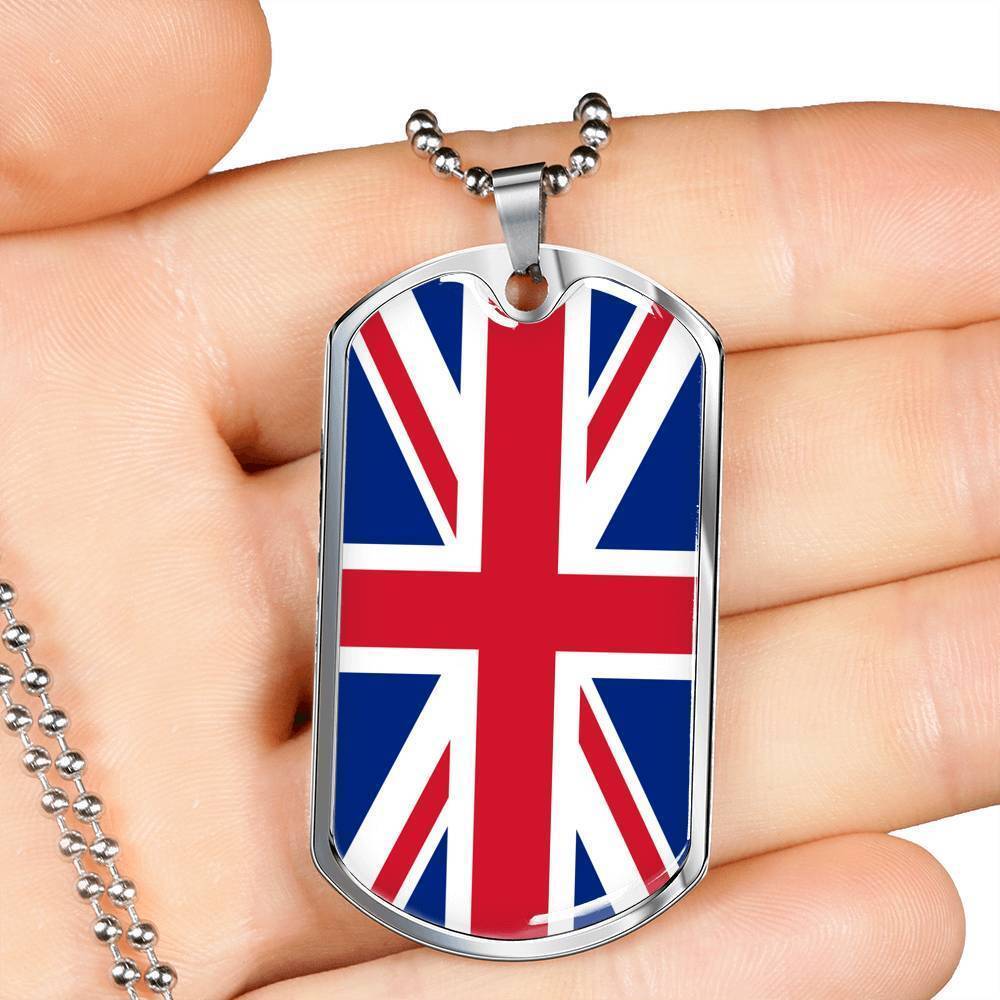 United Kingdom Flag Necklace Stainless Steel or 18k Gold Dog Tag 24″