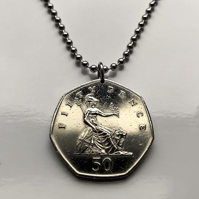 1997 UK 50 Pence coin pendant British lion Britannia London England Leeds 000193