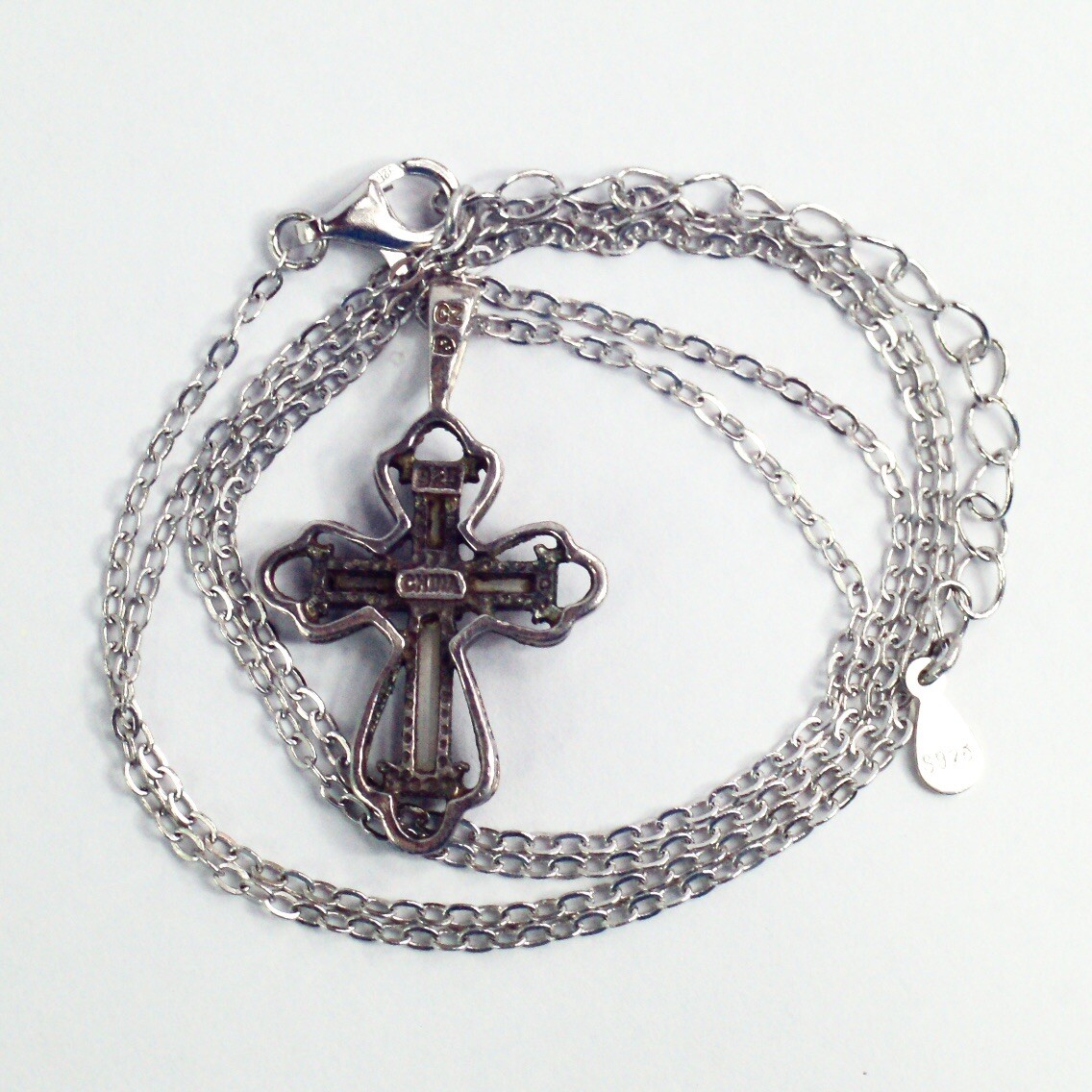 Sterling Silver Openwork White Colorless CZ Cross Pendant Cable Chain Necklace