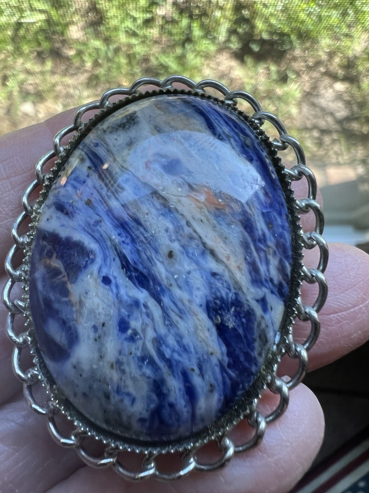 Authentic Vintage Pendant Bolo Tie Semiprecious Gemstone Swirly Blues
