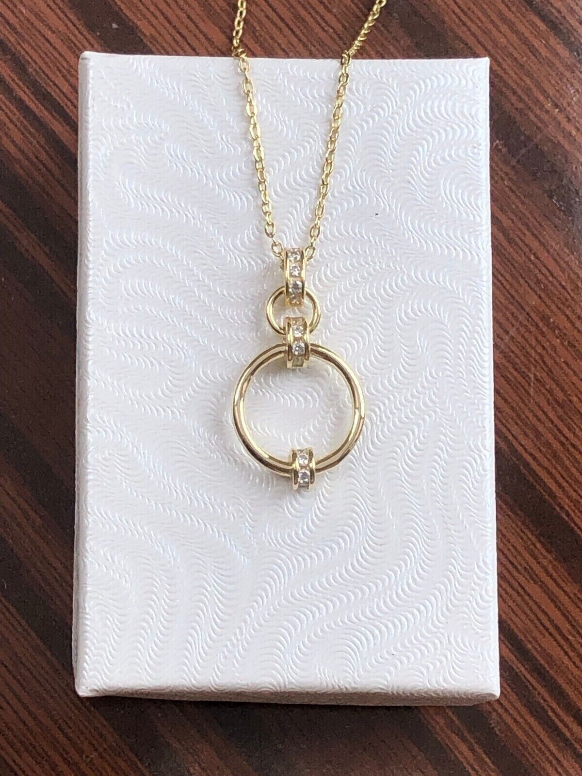 925 Sterling Silver CZ Two Circle Pendant Necklace Linked Gold 25mm 16-18″ Women