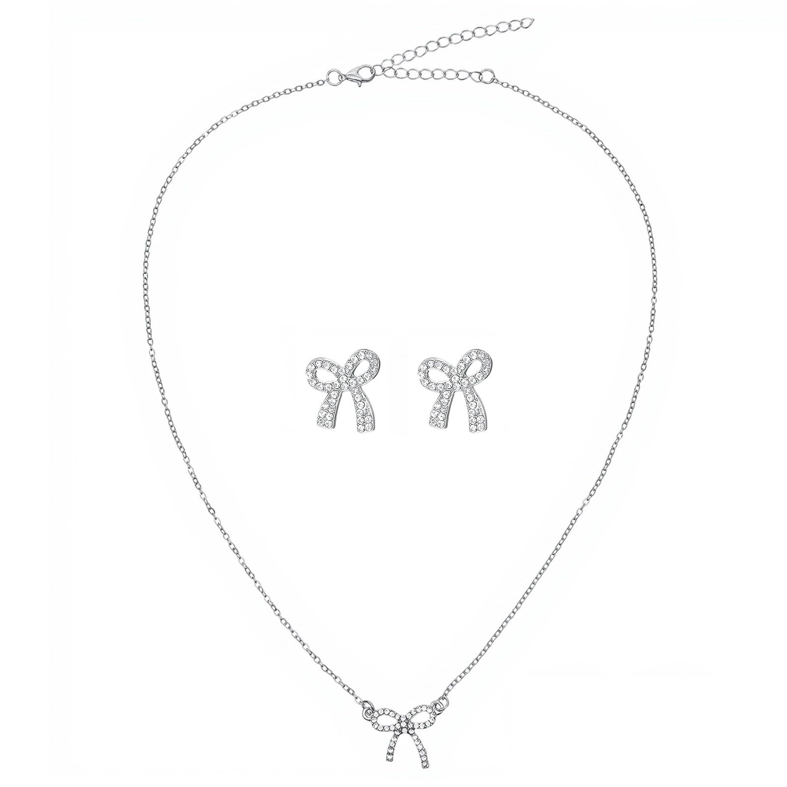Silver Bow Necklaces Earrings for , Sparkly Rhinestone Bow Necklace Choker Ea…
