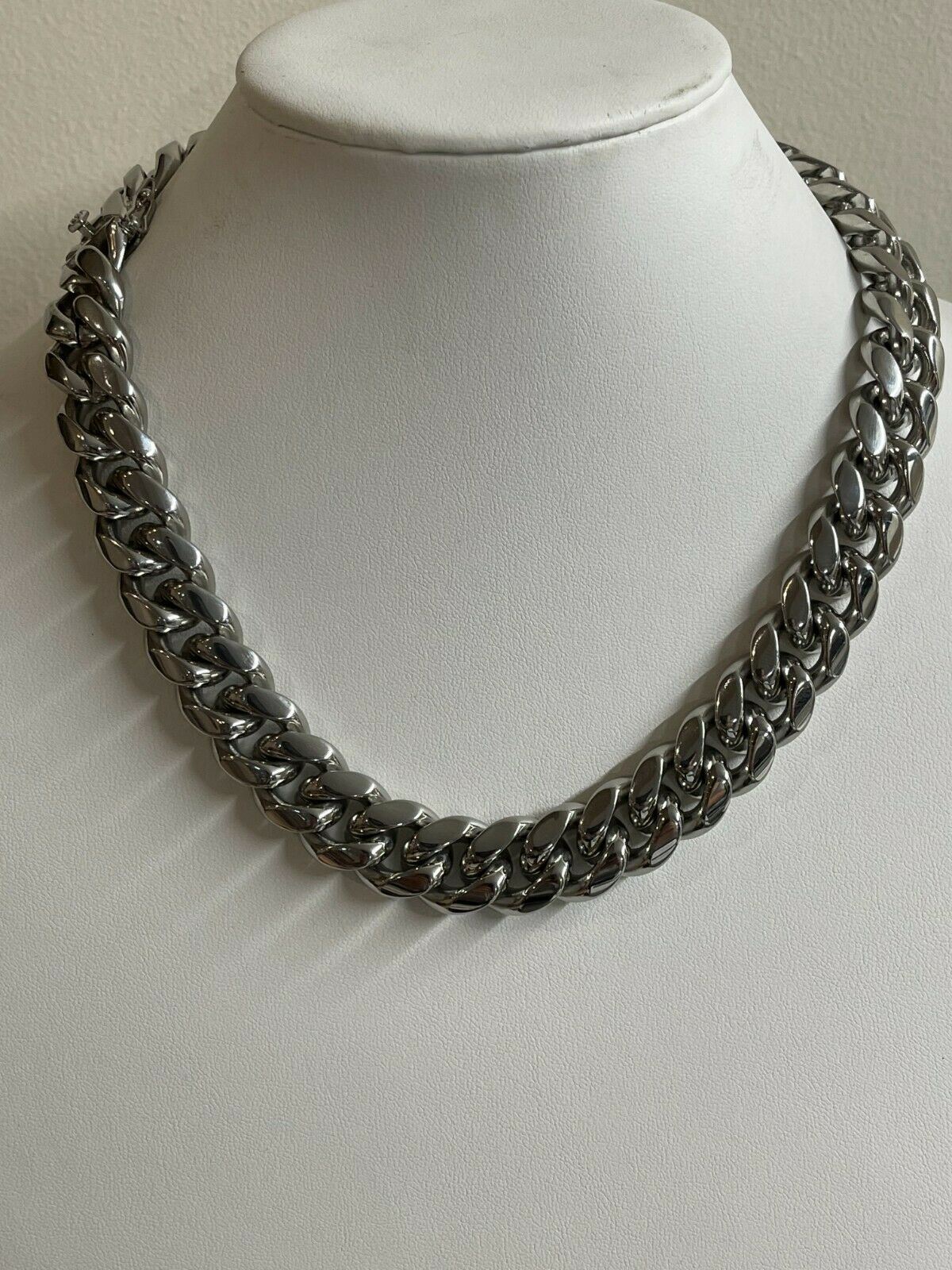 18mm Miami Cuban Link Mens Ladies Choker Chain Stainless Steel Looks Like Silver