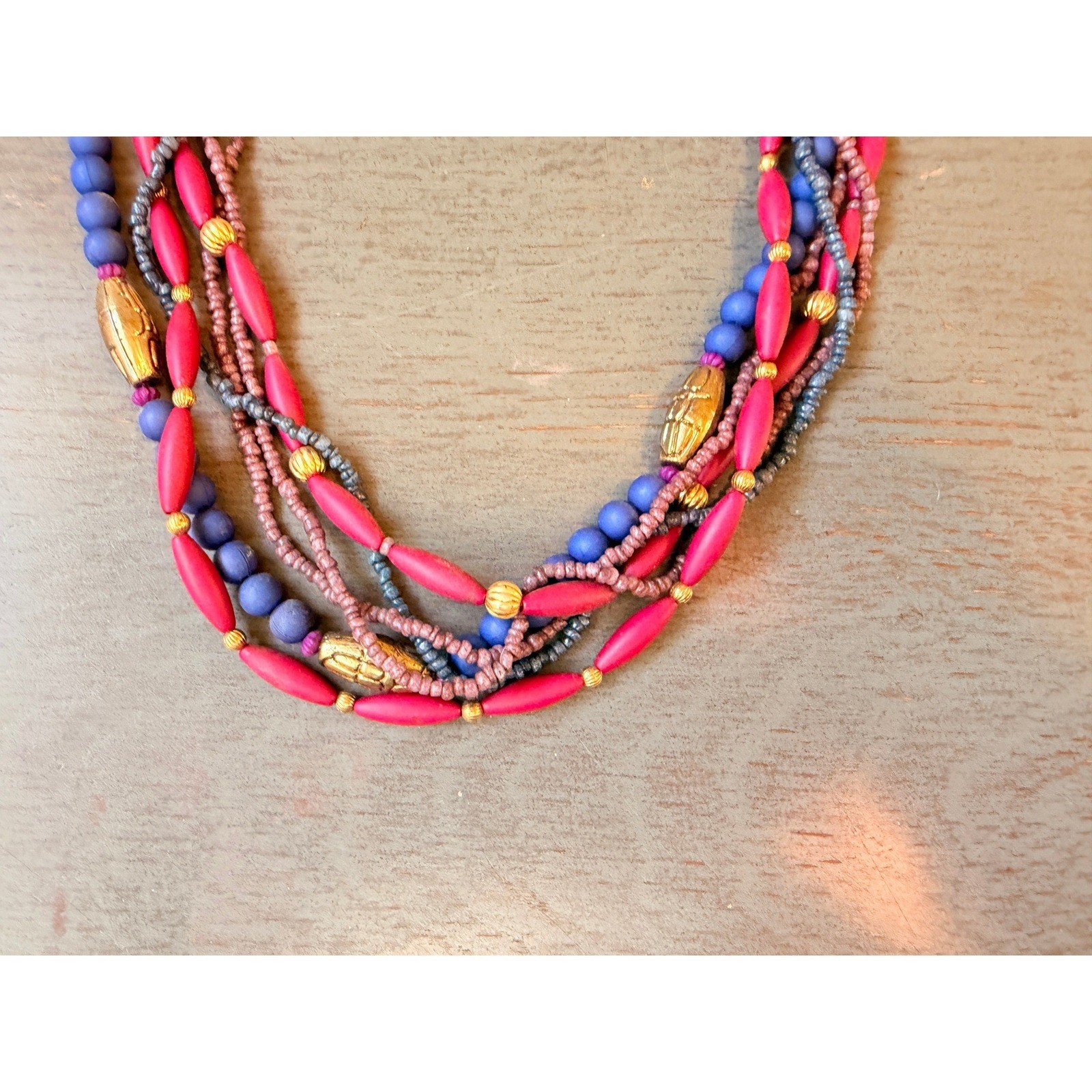 Multi Strand Beaded Statement Necklace Pink Blue Gold Tone Boho Layered 22 Inch