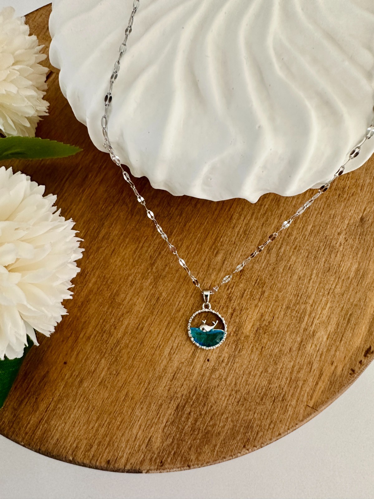 Silver Ocean Wave Necklace: Blue Resin Surfer Pendant