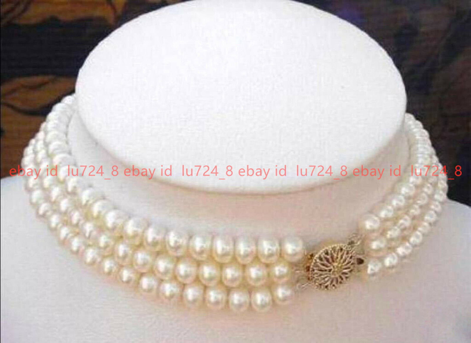7-8MM Natural 3 Rows White Freshwater Cultured Real Pearl Necklace 17-19″