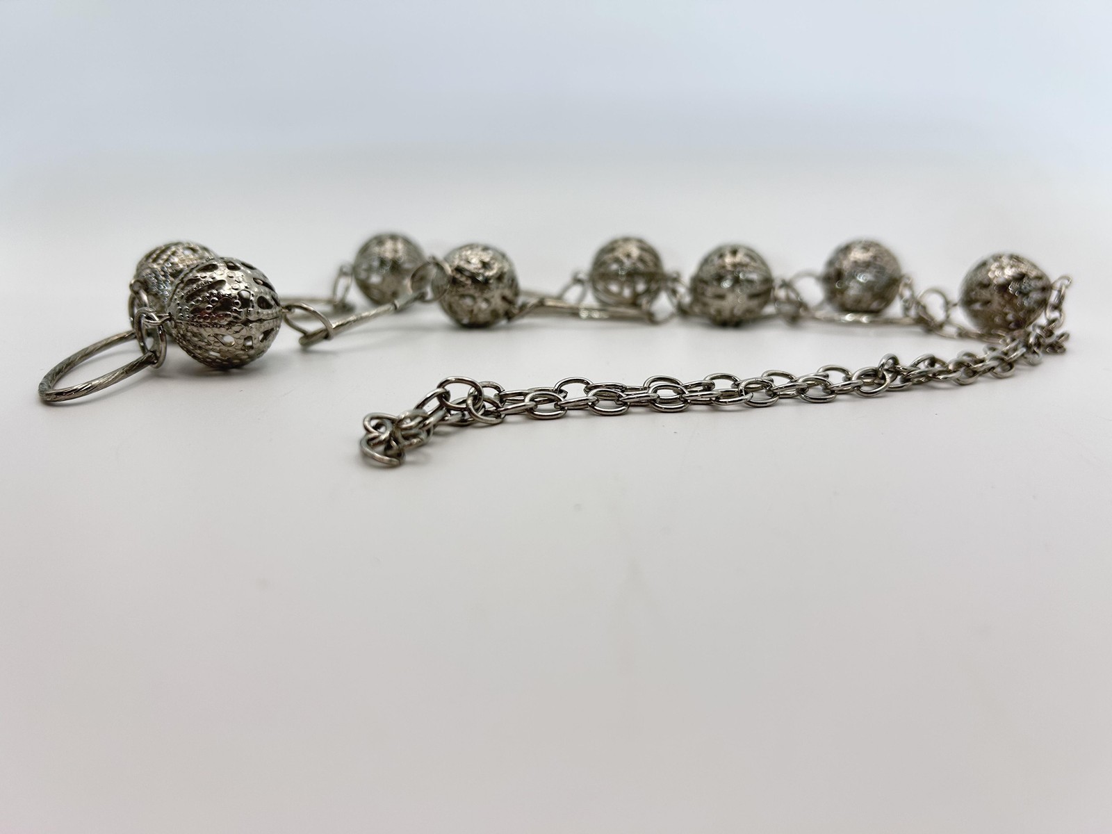 Necklace Silver Tone Filigree Ball Bead Oval Link Chain Statement Beaded