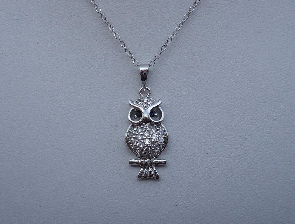 925 STERLING SILVER DESIGNERS OWL PENDANT NECKLACE W/ 1 CT LAB CREATED DIAMONDS