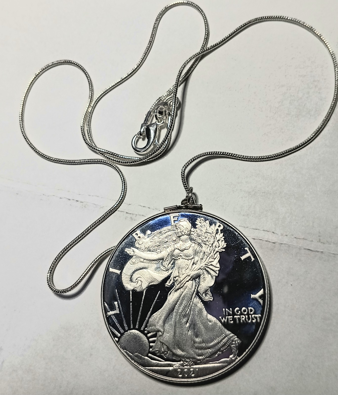 Silver-Plated Coin Necklace w/20″ 925 Sterling Solid Silver 1mm Snake Chain
