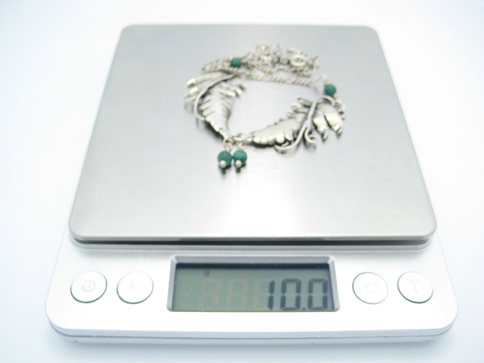 Sterling Silver 1.6mm Figaro Malachite Leaf Design Chain Link Necklace 18.5″