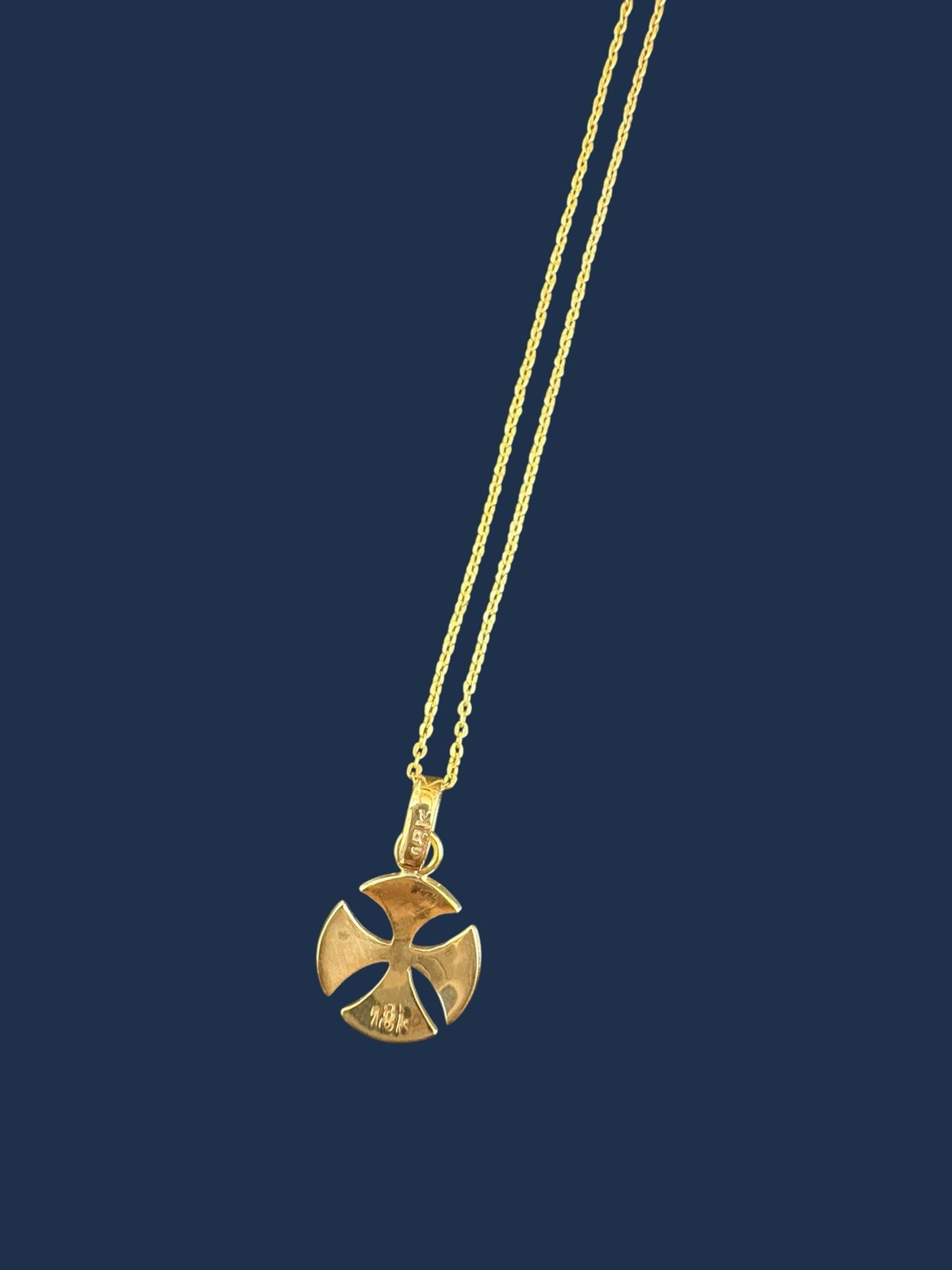 18K Yellow Gold Iron Cross Necklace. 16” chain. 20 mm x 13 mm (with bail).