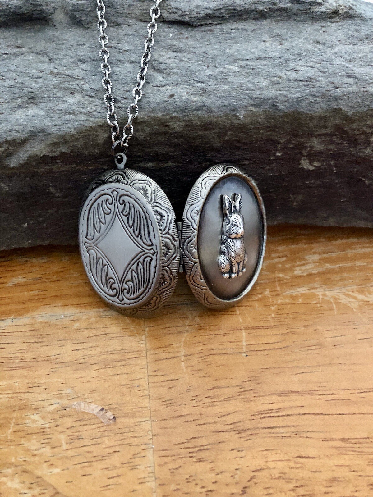 Bunny Rabbit Locket Necklace Antique Silver Victorian Photo Pendant