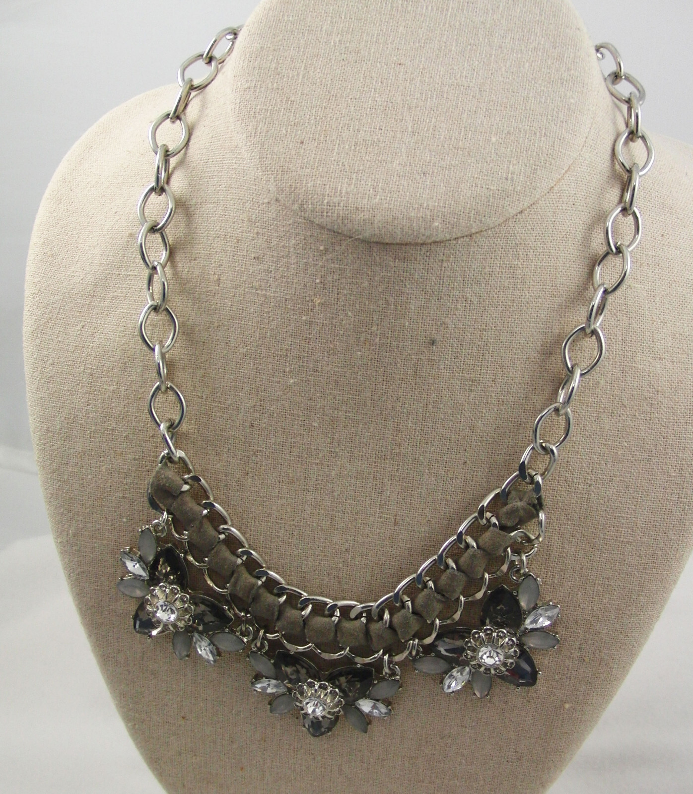 lot 2 necklaces silver leaves & flowers gray & clear rhinestones leather strip