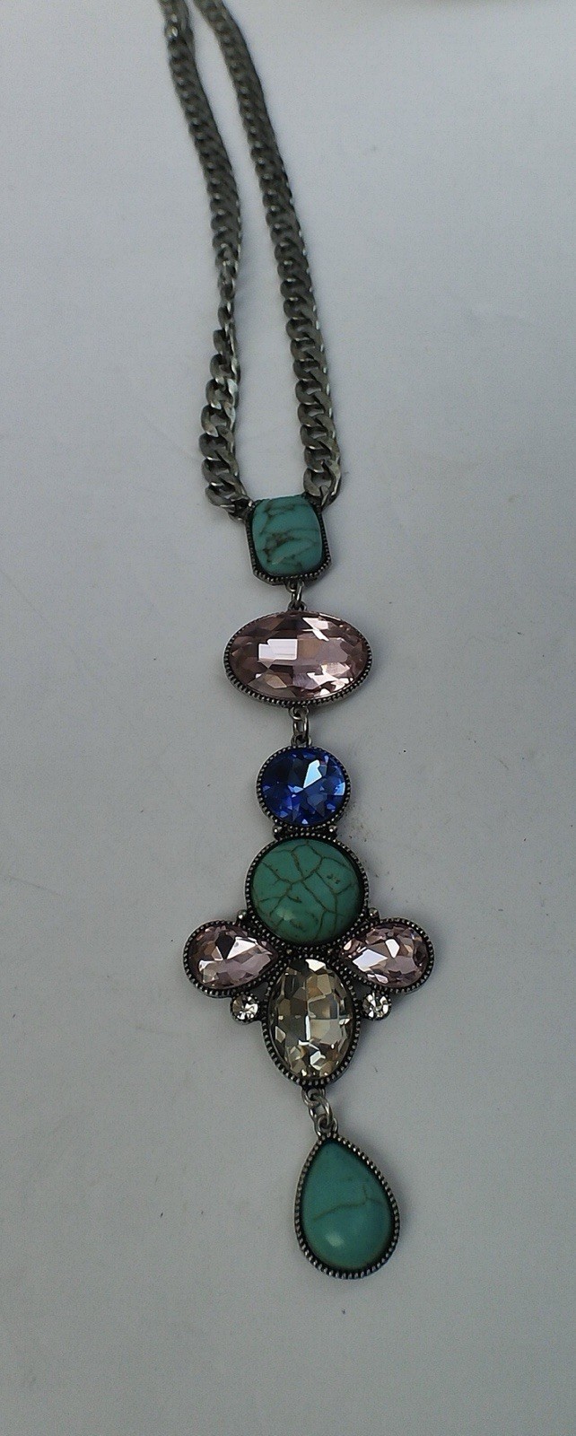 Western Statement Necklace Imitation Turquoise Pink Crystal Curb Chain Drop