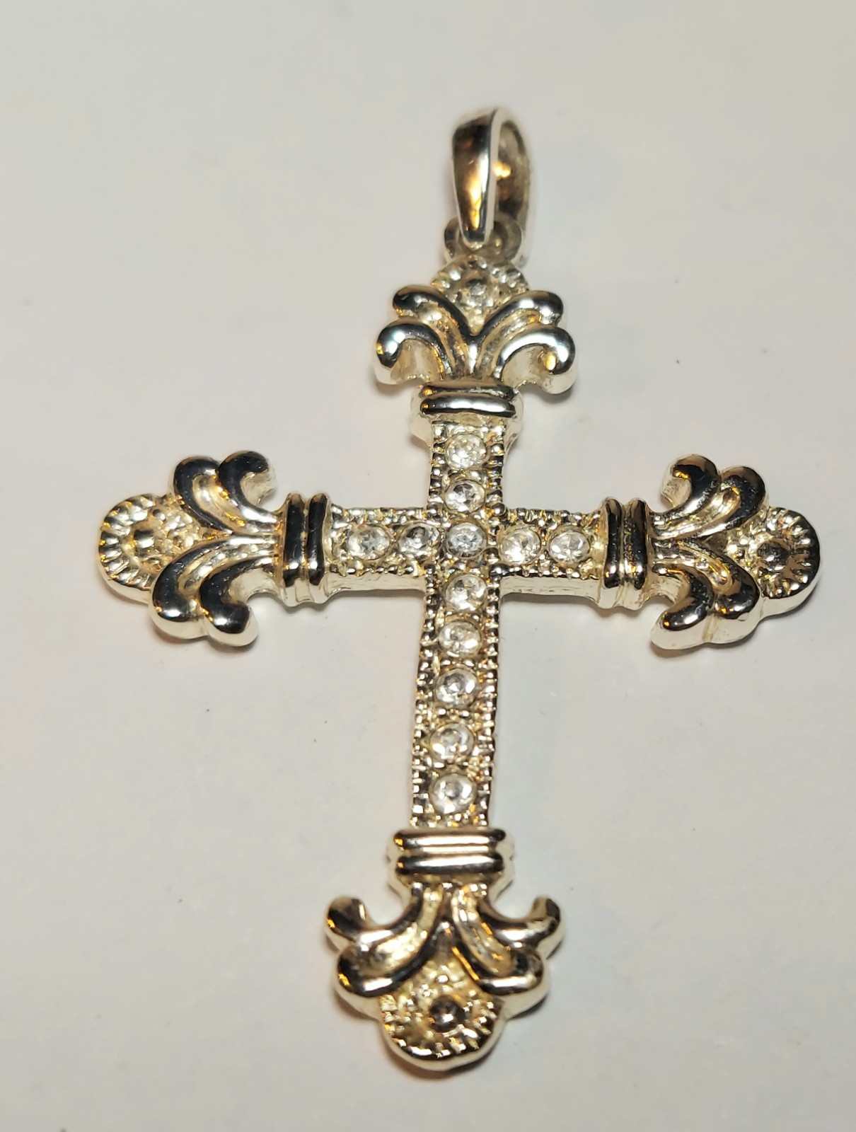 Signed Roman Cross Pendant With Rhinestones Silver Tone 1.5″
