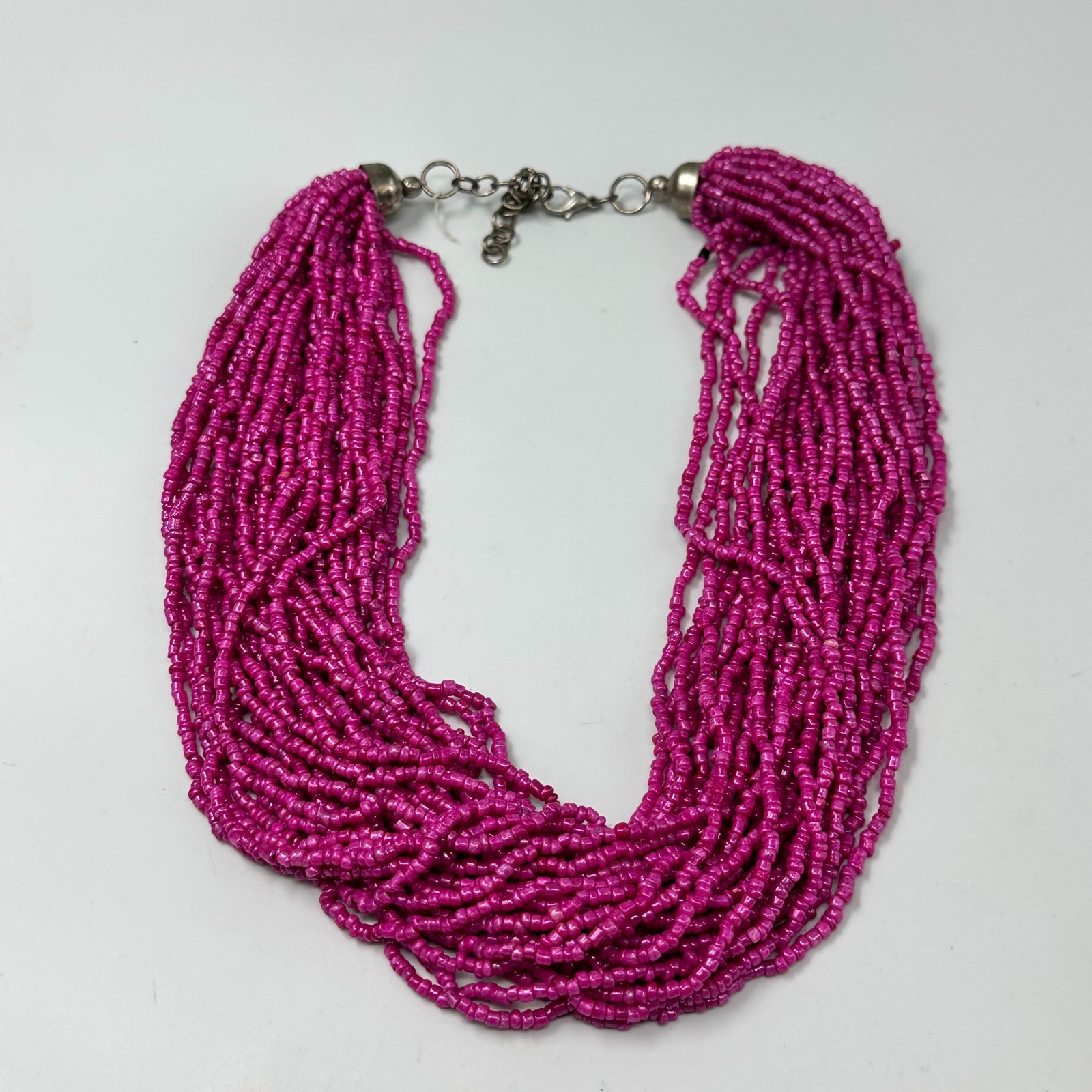 Fuchsia Pink Seed Bead Necklace Silver Tone Multi Strand Boho 14 Inch