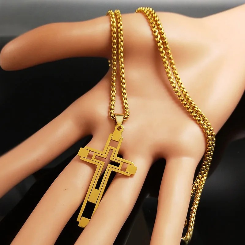 60cm Gold Stainless Steel Cross Necklace for Men Mens Chain Pendant Jewelry Gift
