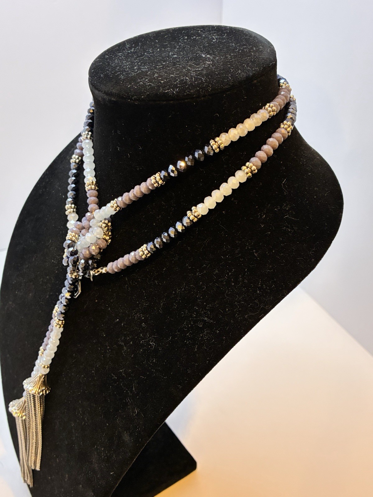 Simply Vera Vera Wang Gray Black Beaded Tassel Lariat Necklace 23″ Drop