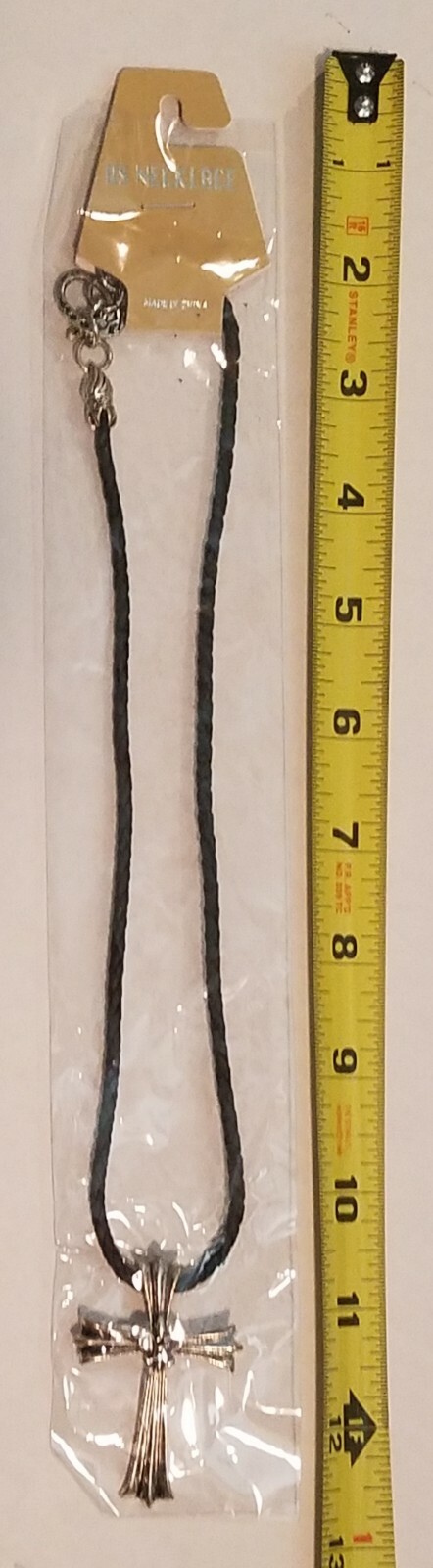 Cross Pendant & Necklace black braided-leather-rope style, metal clasp & cross
