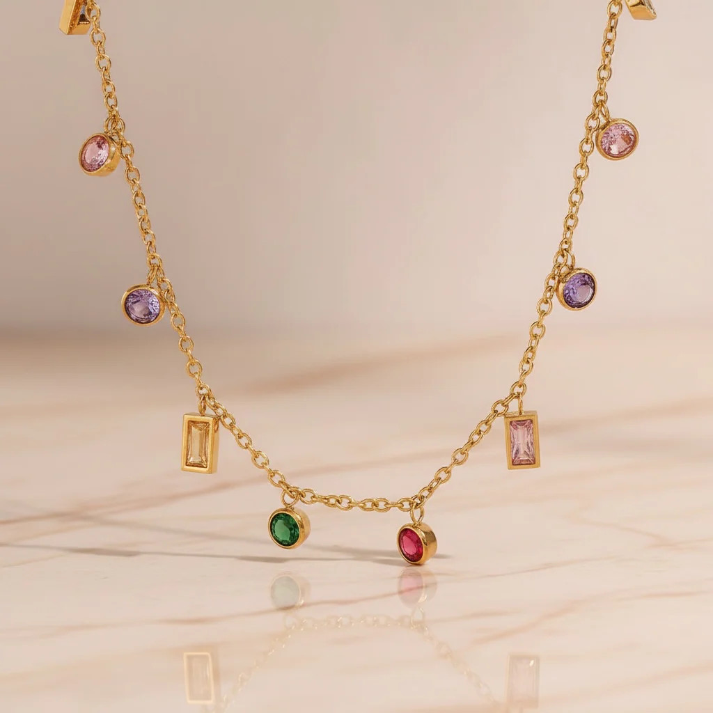Rainbow Gemstone Choker Necklace | Multicolor CZ Baguette & Round Charm | Gold