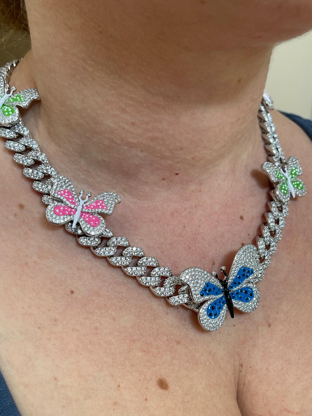 Real Hip Hop 12mm Miami Cuban Chain Choker Necklace Butterfly CZ Silver Choker