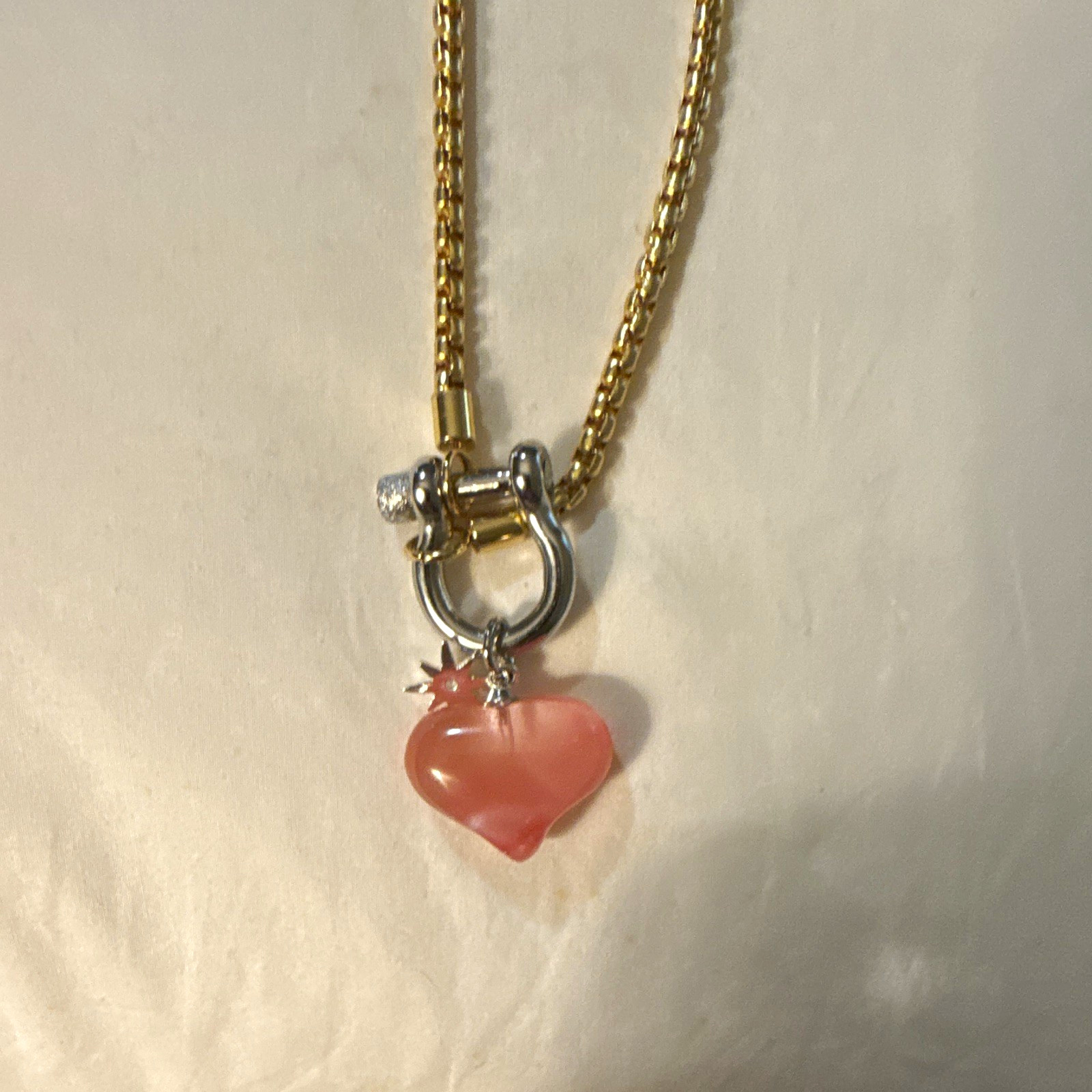 Gold Tone Cable Chain Necklace Pink Heart Love Theme Charm Pendant