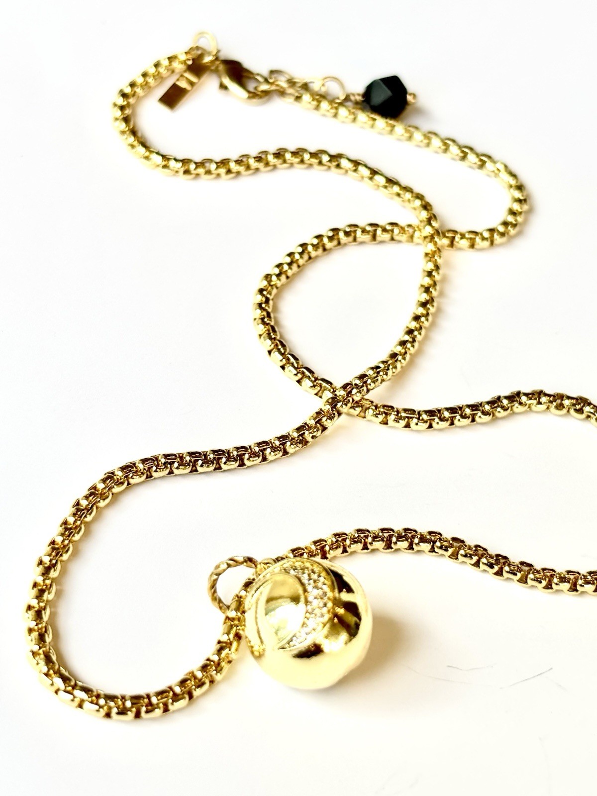 Pave Moon Ball Gold Tone Pendant with Stars Rounded Box Chain Necklace 16″ – 18″