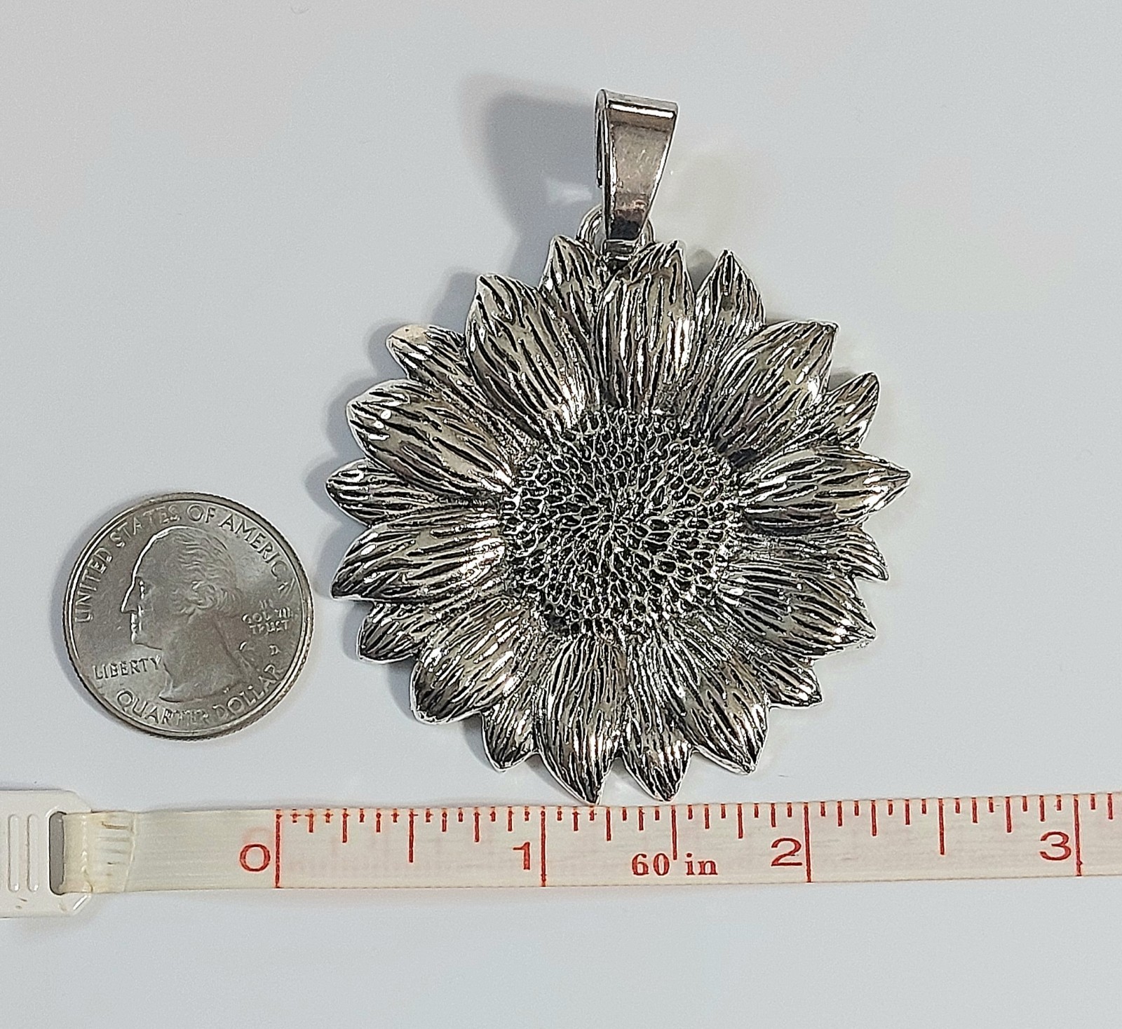 Large silver sunflower necklace pendant
