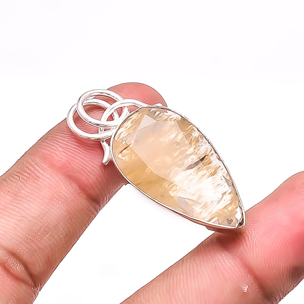 Golden Rutilated Quartz – Brazil 925 Sterling Silver Handmade Pendant 1.48″ Su46