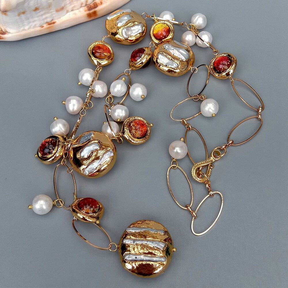 Cultured White Biwa Pearl Brown Murano Glass Chain Pearl Y-Drop Necklace 21″