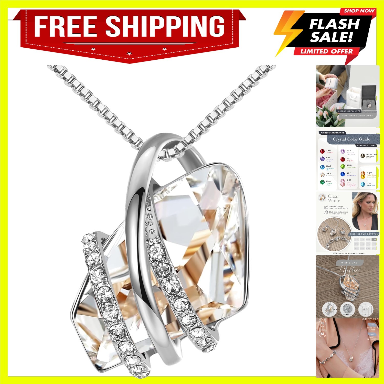 Adjustable Length Wish Stone Birthstone Necklace, Flawless Crystal & Gold Finish
