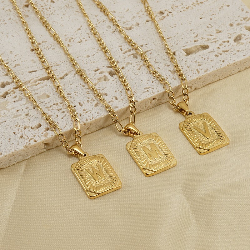 18″ Gold Plated Initial Letter Pendant Necklace Stainless Steel Figaro Chain