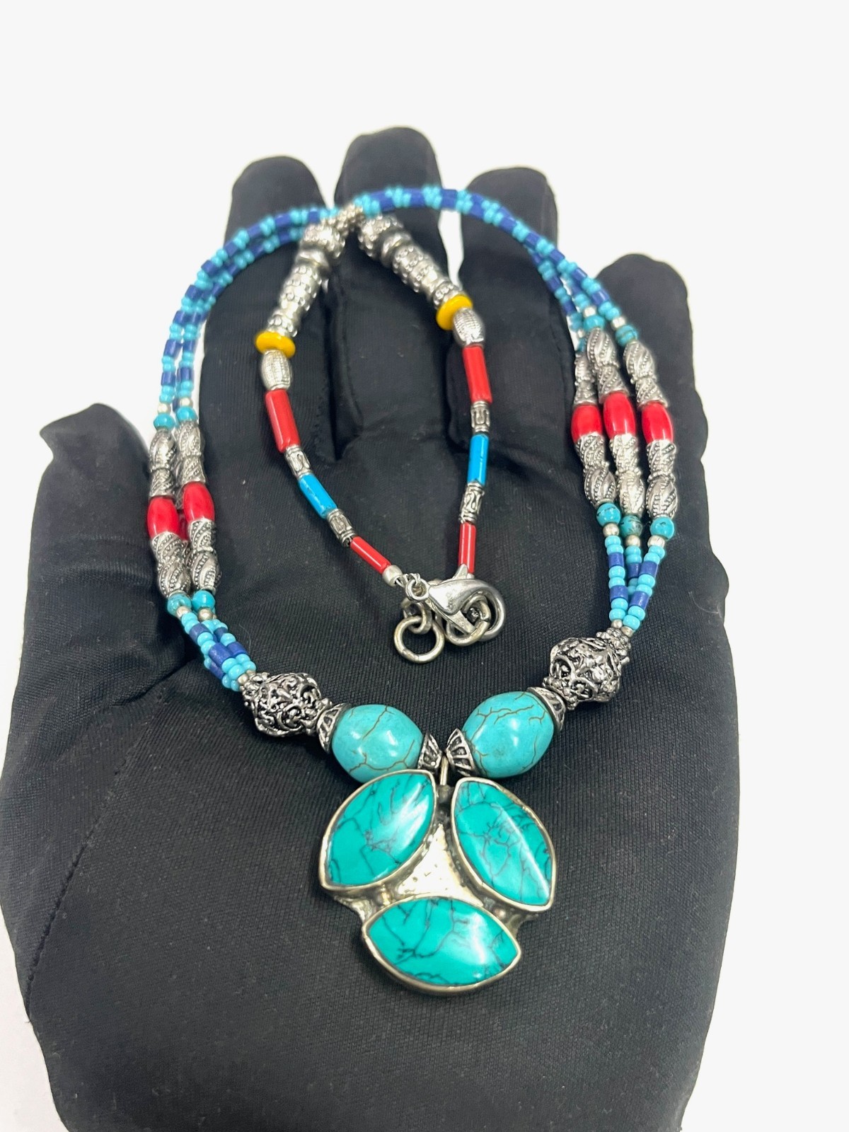 Antique Turquoise Coral Gemstone Tibetan Style Necklace Jewelry, 16 Inch Adjs