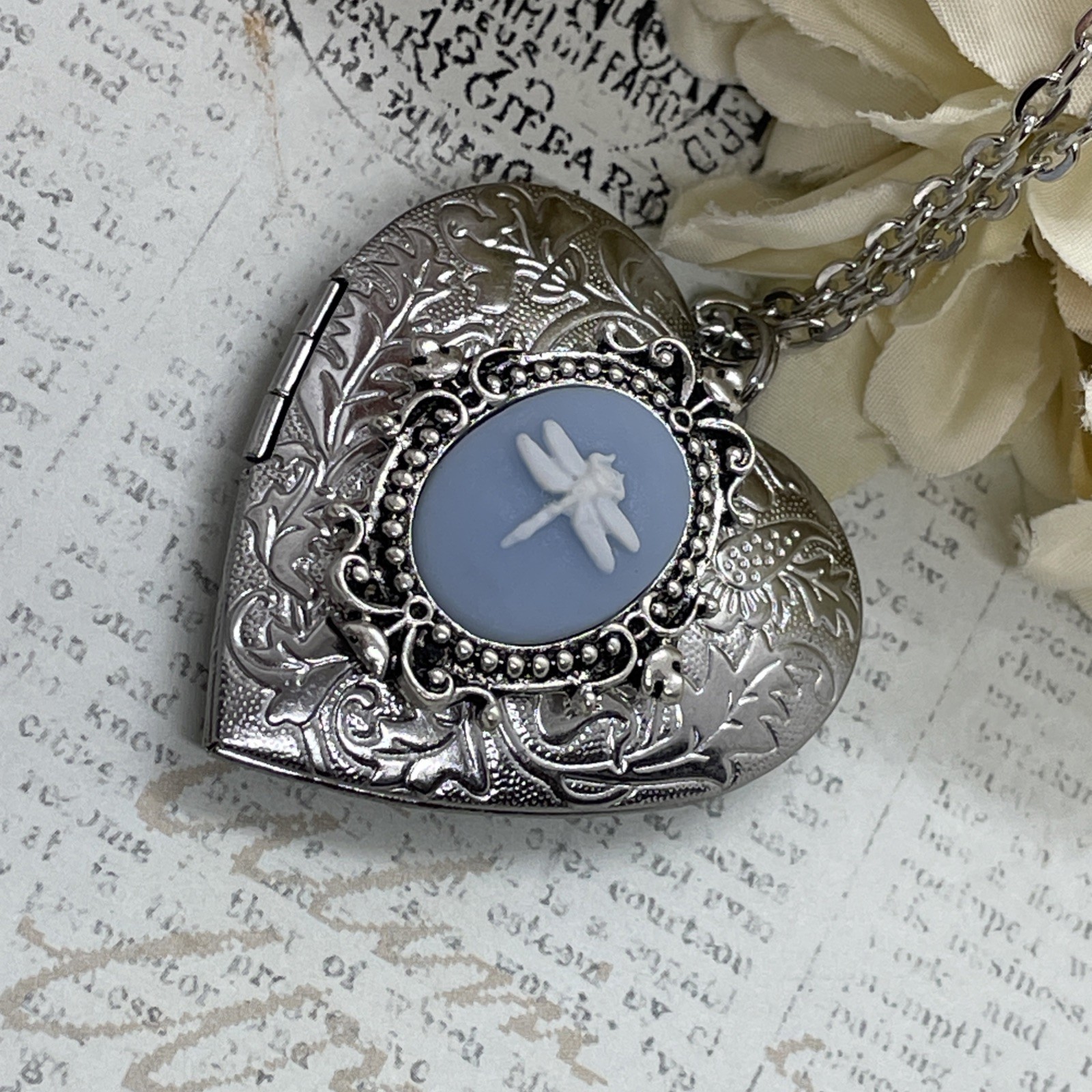 Heart Silver Cameo Blue New Dragonfly Locket Necklace Photo Memorial wedding