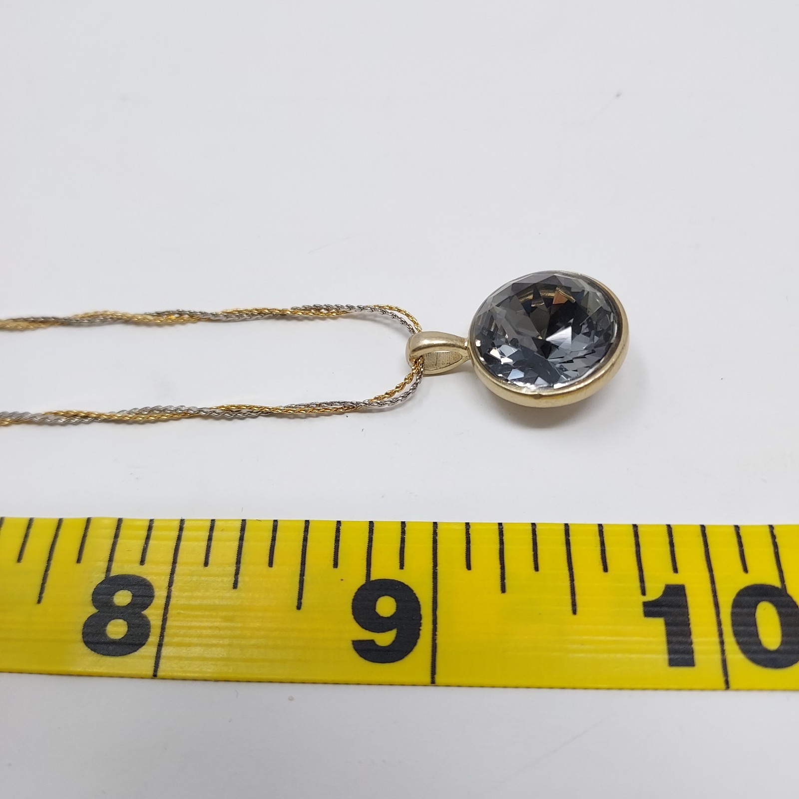 Bezel Set Solitaire 16mm Crystal Necklace Smoky Color Gold Tone Chain 18″