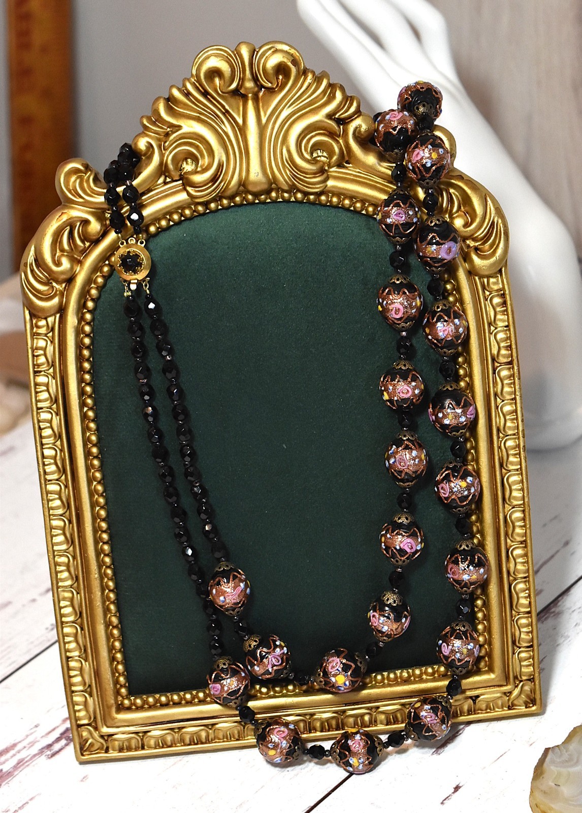 Vtg 2 Strand Venetian Murano Black Wedding Cake Glass Beaded Necklace Earrings
