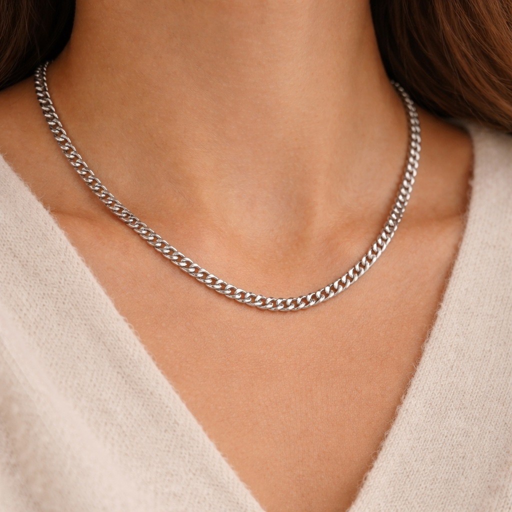 Silver Tone Curb Chain Necklace Polished Flat Link Unisex Jewelry 18″ Comfort