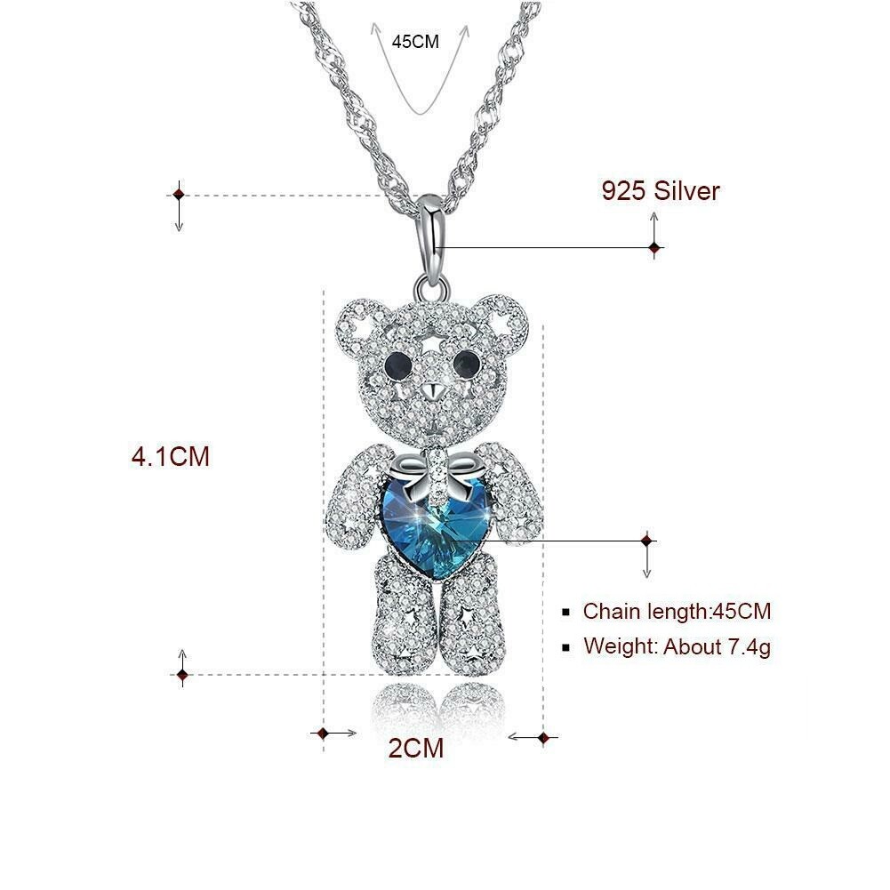 925 Sterling Silver I Love you Heart Blue Topaz Teddy Bear Pendant Necklace