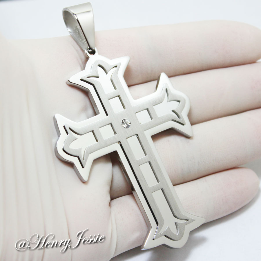 24″30″36″Stainless Steel 11mm Silver Cuban Curb Necklace CZ Cross Pendant*P5
