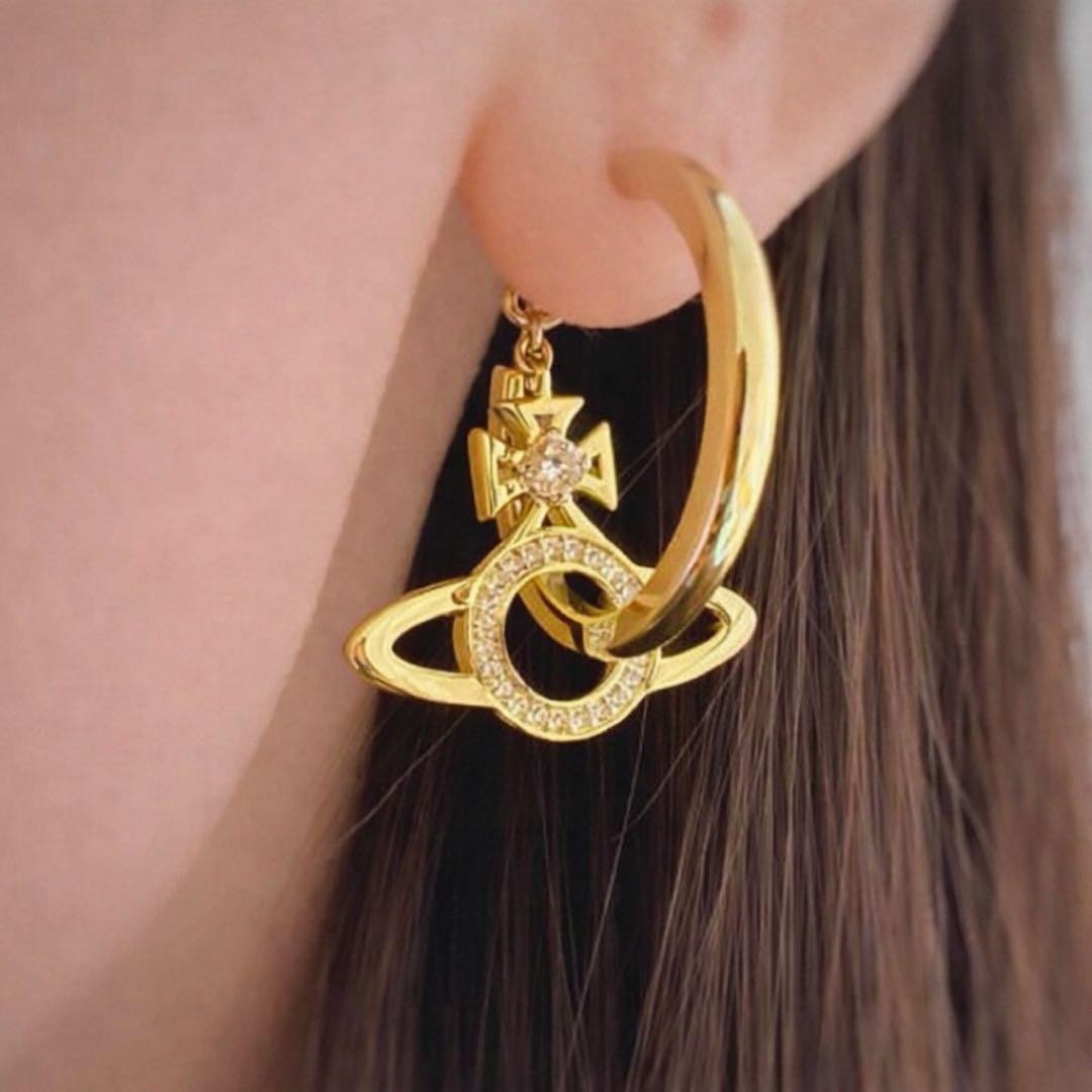 Vivienne Westwood Earrings MIRANDA Orb Hoop Dangle Gold w/Pouch NO BOX