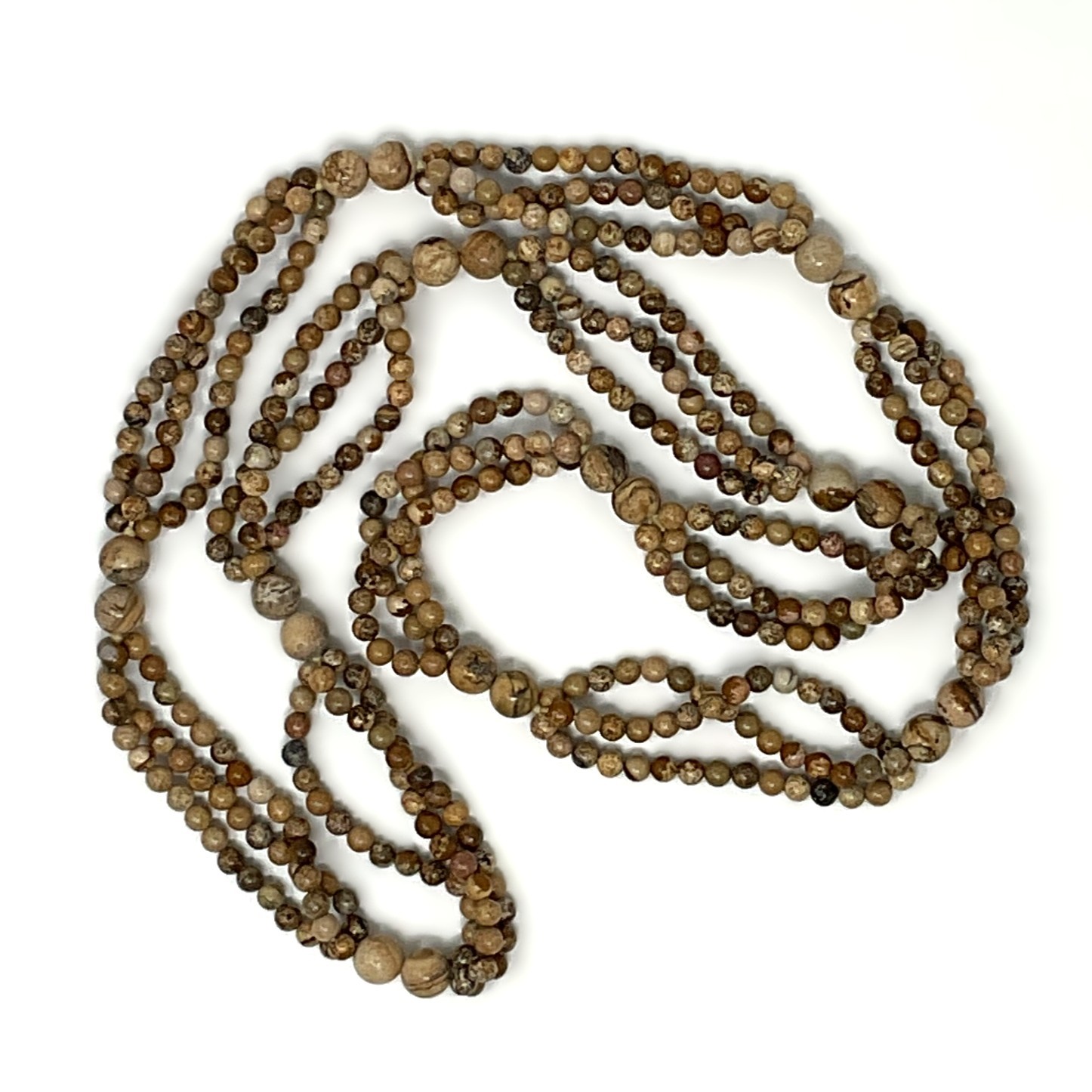 32″ Leopard Skin Jasper Necklace – 3 Strand – 5mm & 10mm Bead Pattern – Natural