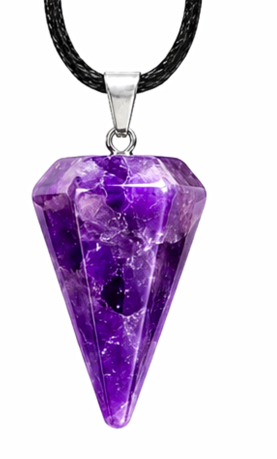 Amethyst Purple Cone Charm Pendant Necklace Bezel Setting Black Cord Silver