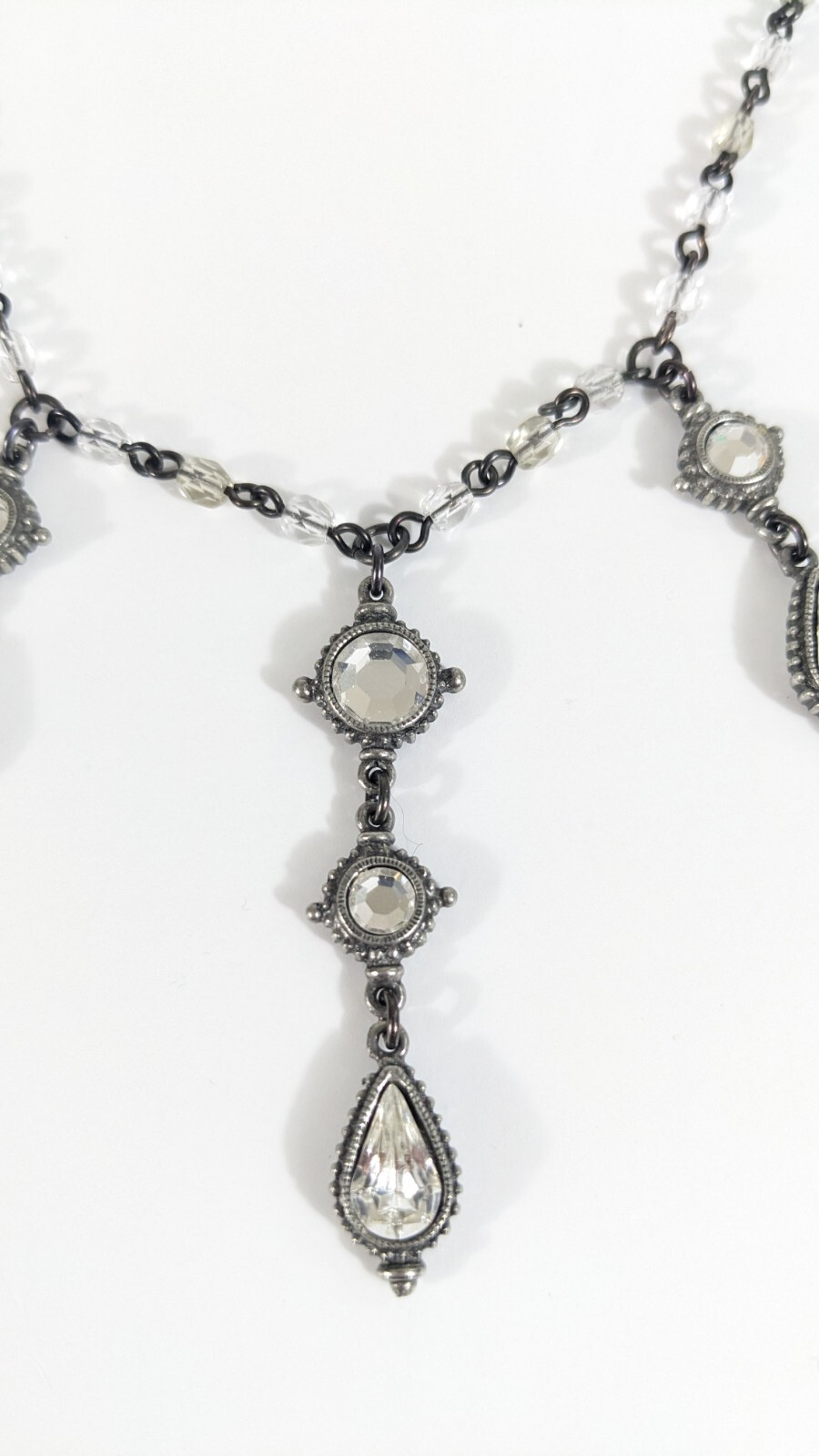 Ben Amun Crystal Dangle Necklace Silver Toned White Colorless Beads Rhinestones