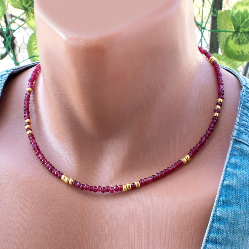 Pink Ruby Quartz Faceted Rondelle Gemstone Gold Filled Beads Women Necklace 18”