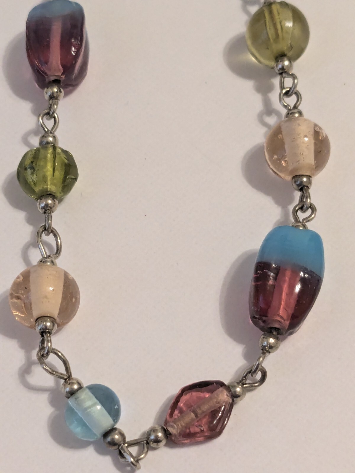 Infinity Style Multicolor Glass Bead Necklace. Silver Tone. 40″. Various Shapes.