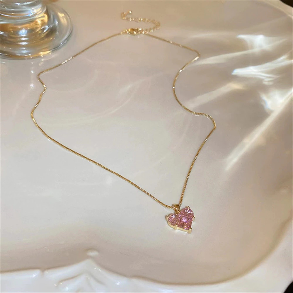 Women’s Fashion Jewelry Gold Pink Rhinestone Heart Pendant Necklace 1-228